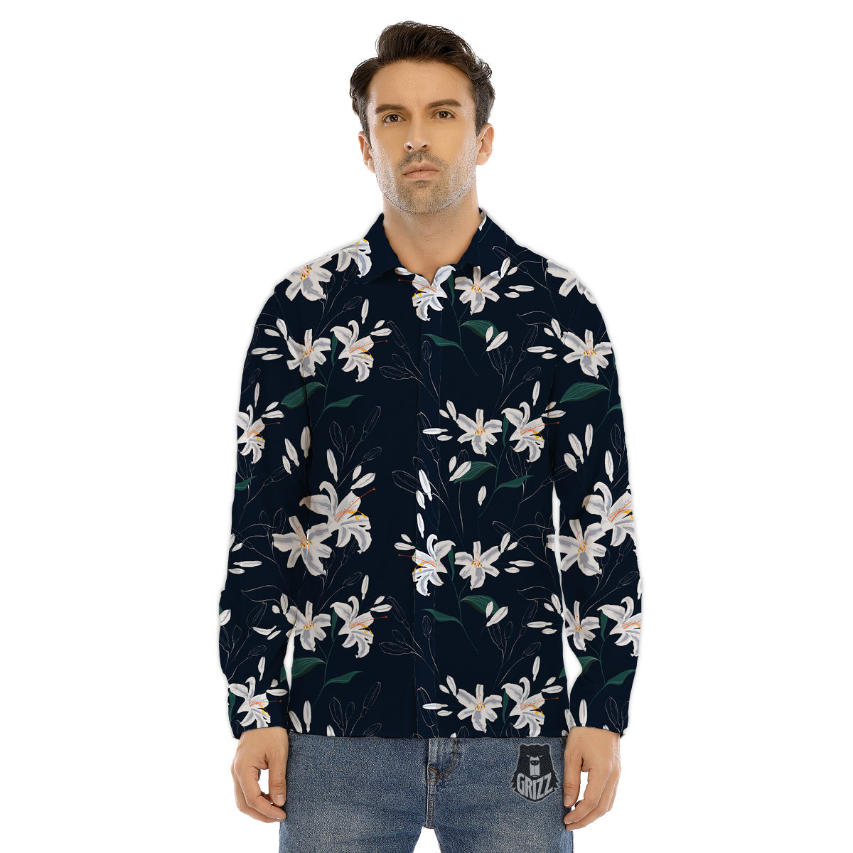 White Lily Black Print Pattern Men's Dress Shirts-grizzshop