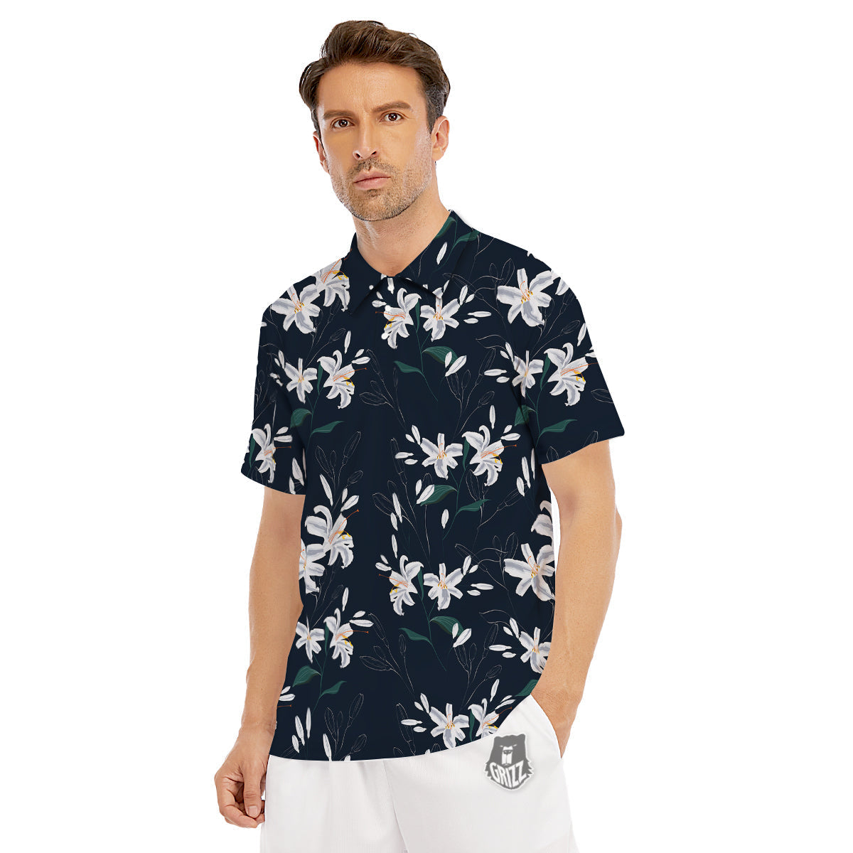 White Lily Black Print Pattern Men's Golf Shirts-grizzshop