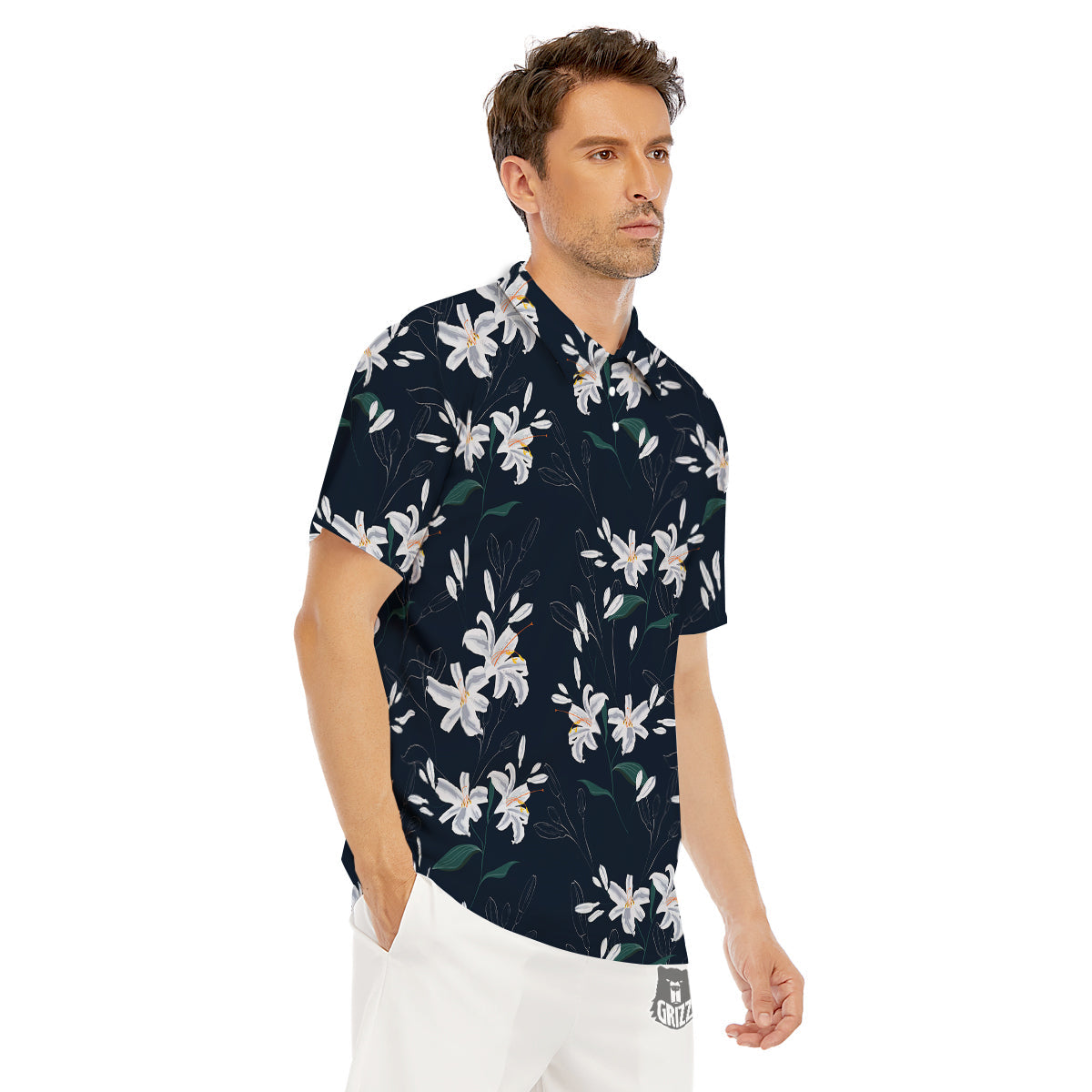 White Lily Black Print Pattern Men's Golf Shirts-grizzshop