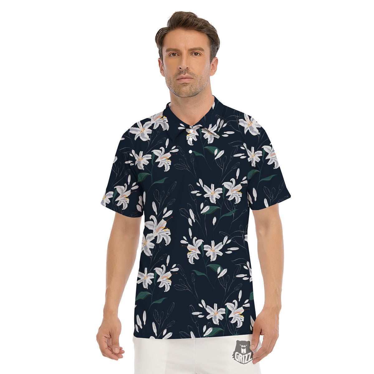 White Lily Black Print Pattern Men's Golf Shirts-grizzshop