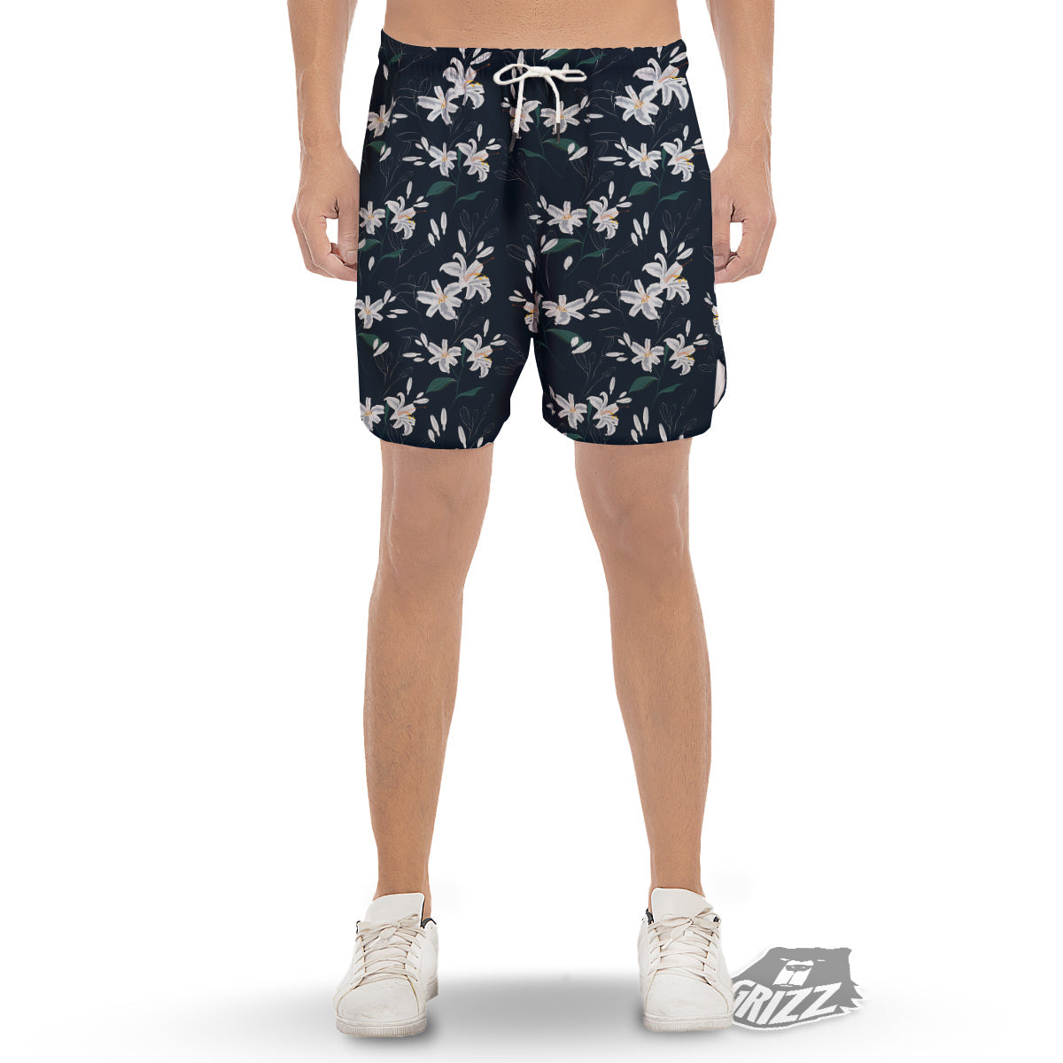 White Lily Black Print Pattern Men's Gym Shorts-grizzshop