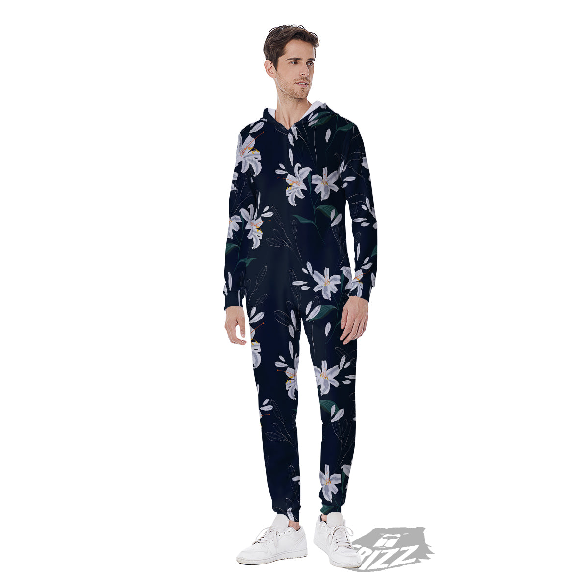 White Lily Black Print Pattern Men's Jumpsuit-grizzshop