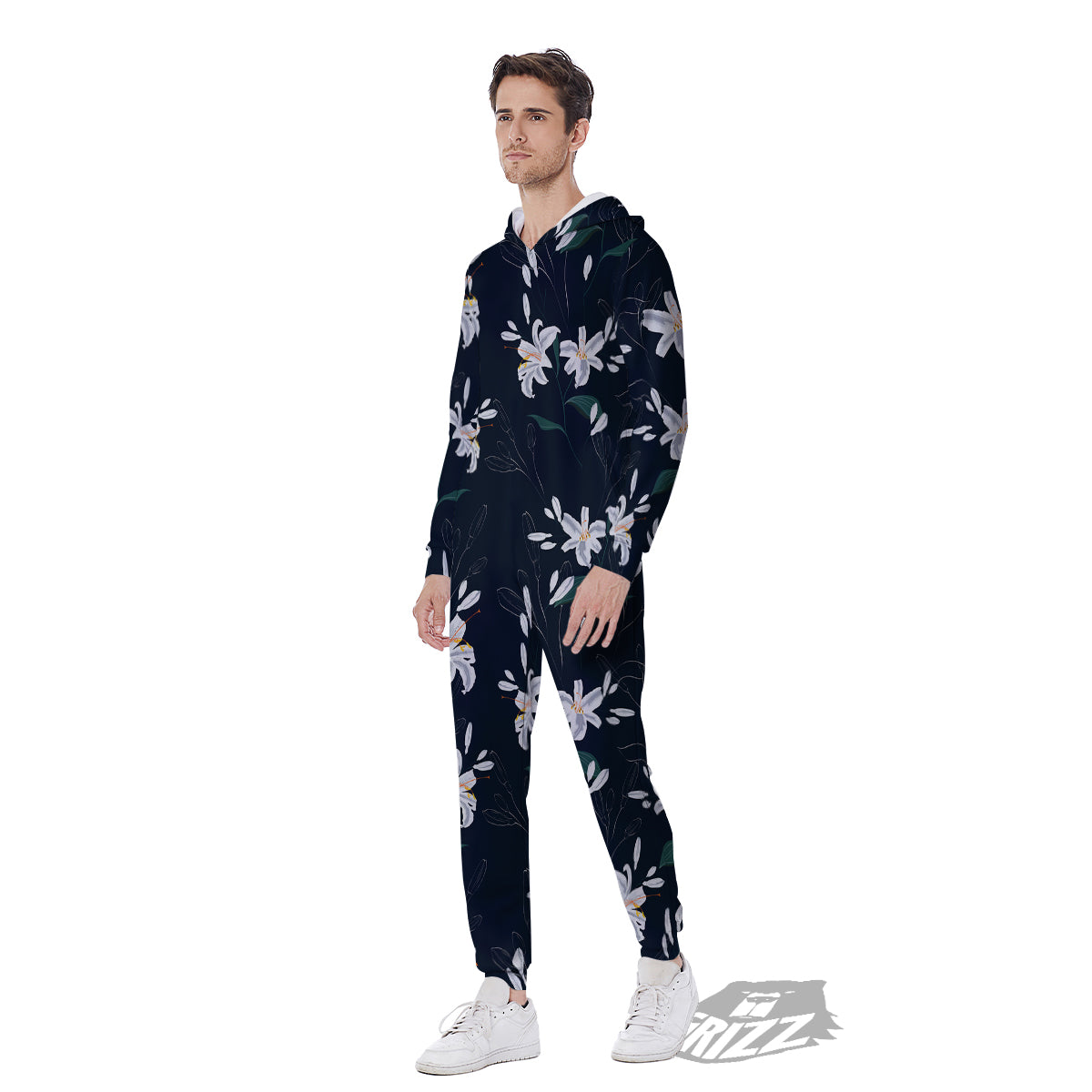 White Lily Black Print Pattern Men's Jumpsuit-grizzshop