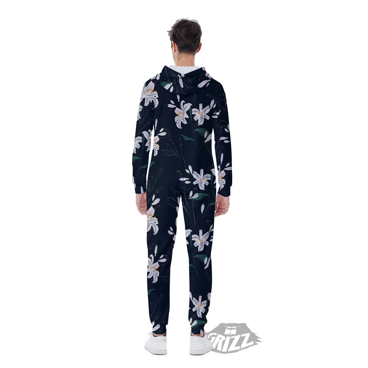 White Lily Black Print Pattern Men's Jumpsuit-grizzshop