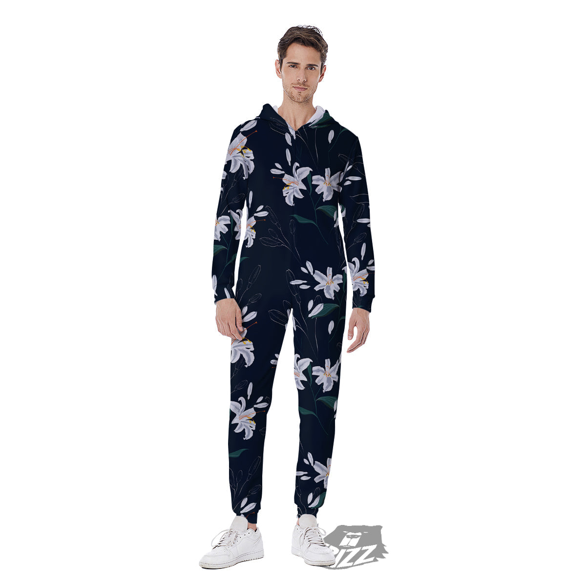 White Lily Black Print Pattern Men's Jumpsuit-grizzshop