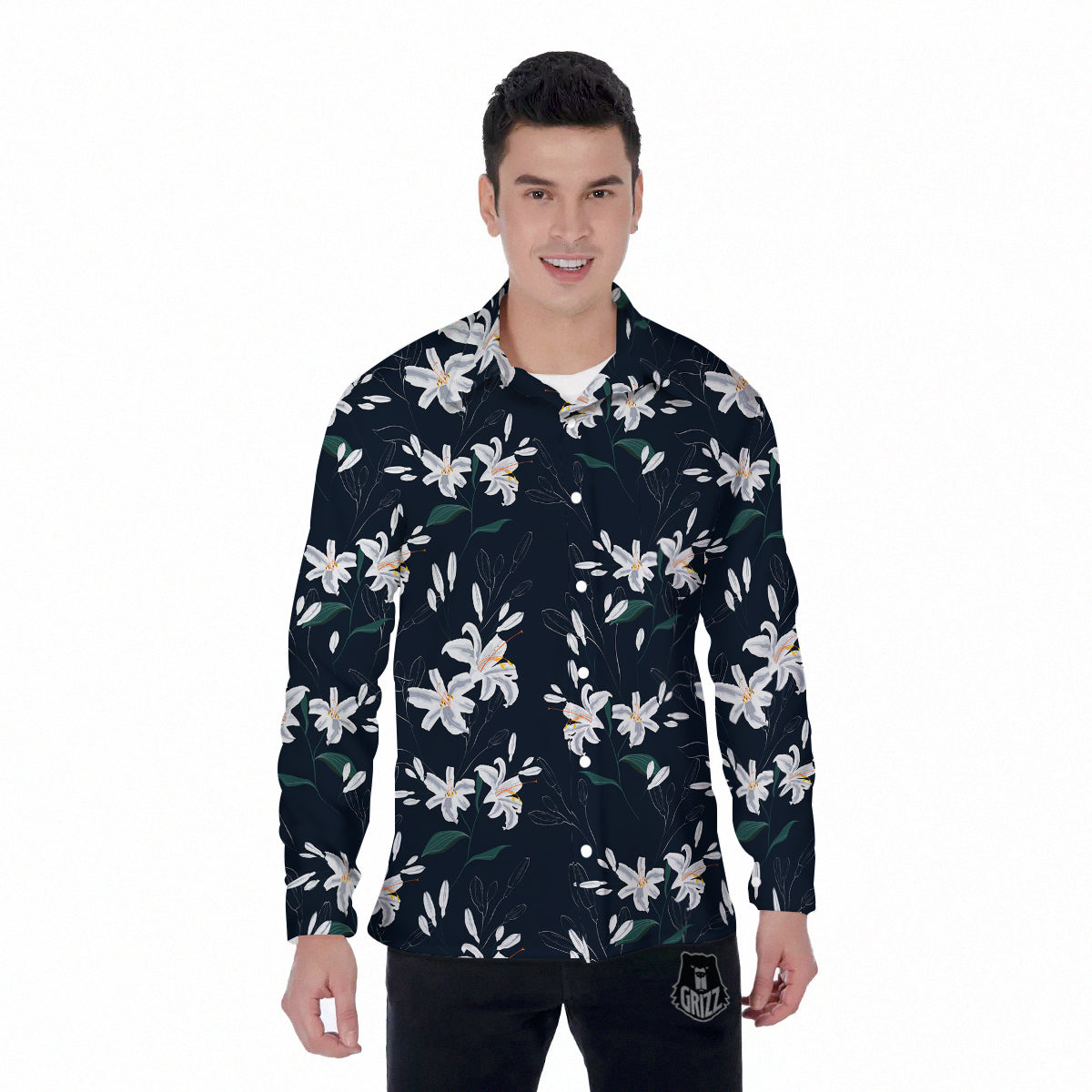 White Lily Black Print Pattern Men's Long Sleeve Shirts-grizzshop