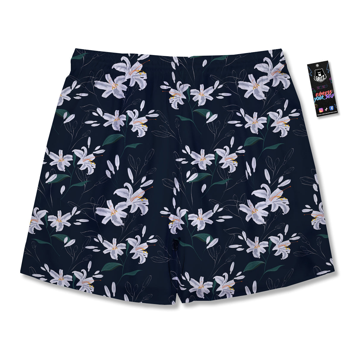 White Lily Black Print Pattern Men's Running Shorts-grizzshop