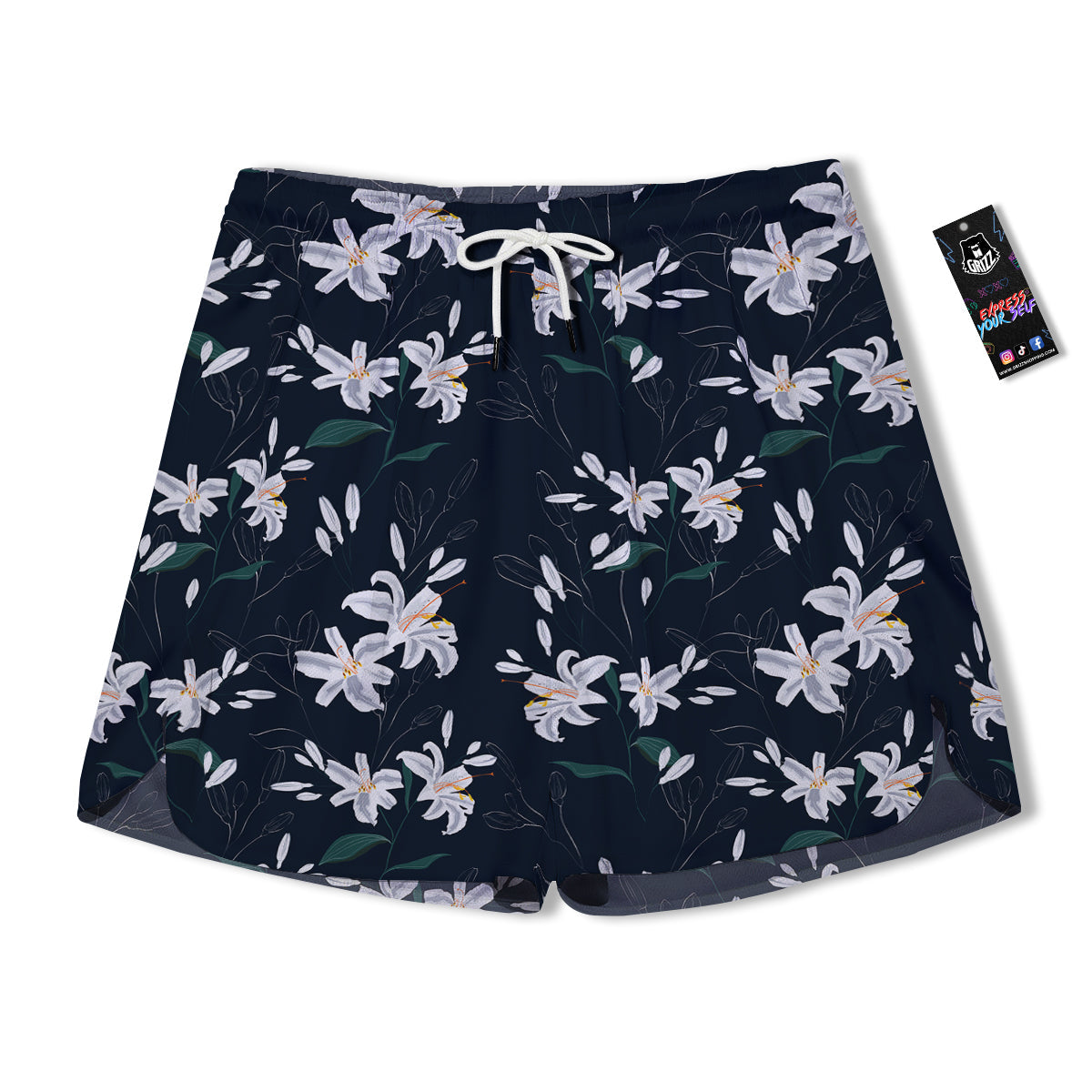 White Lily Black Print Pattern Men's Running Shorts-grizzshop