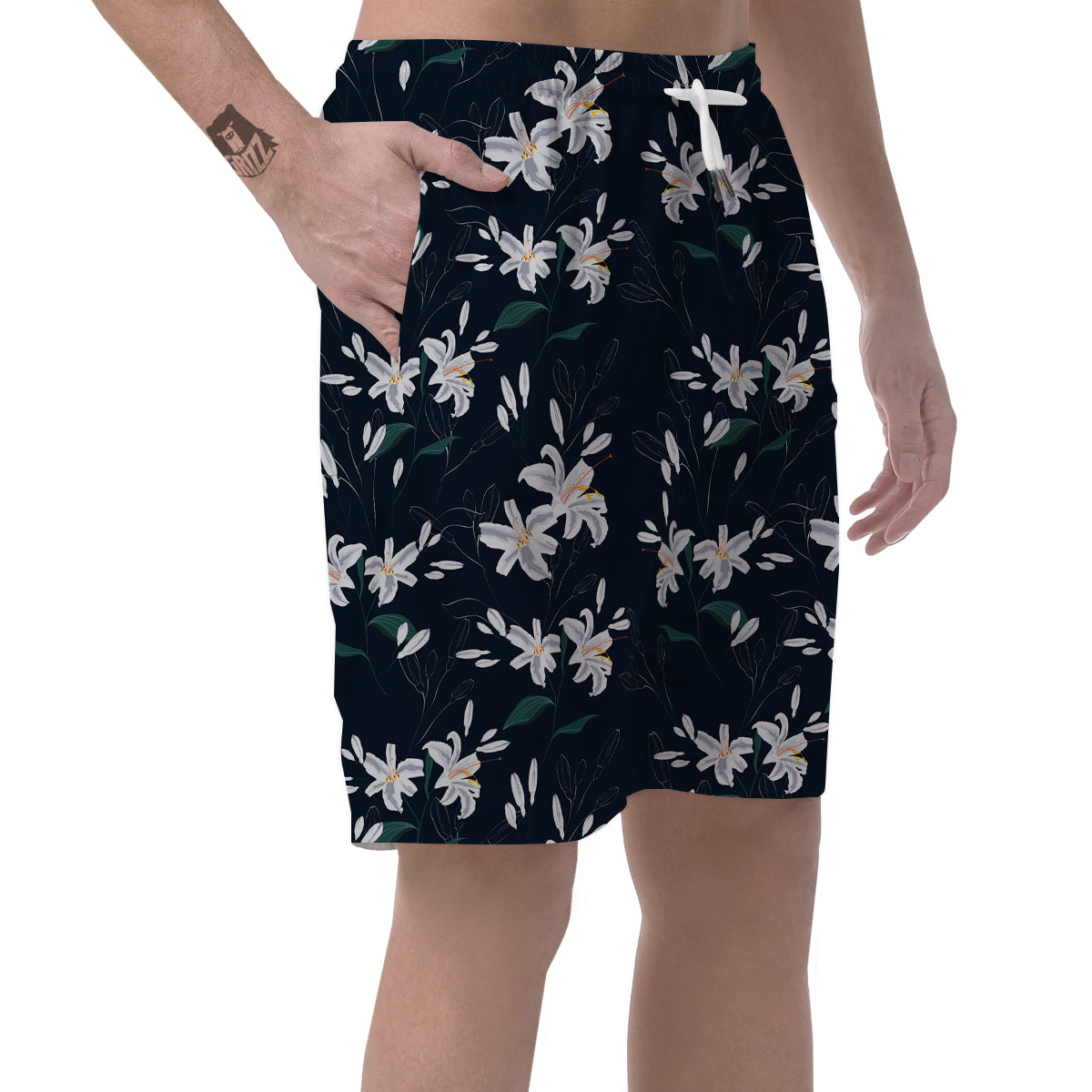 White Lily Black Print Pattern Men's Shorts-grizzshop
