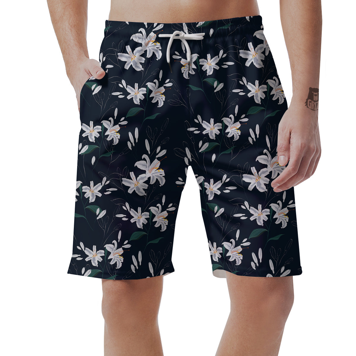 White Lily Black Print Pattern Men's Shorts-grizzshop