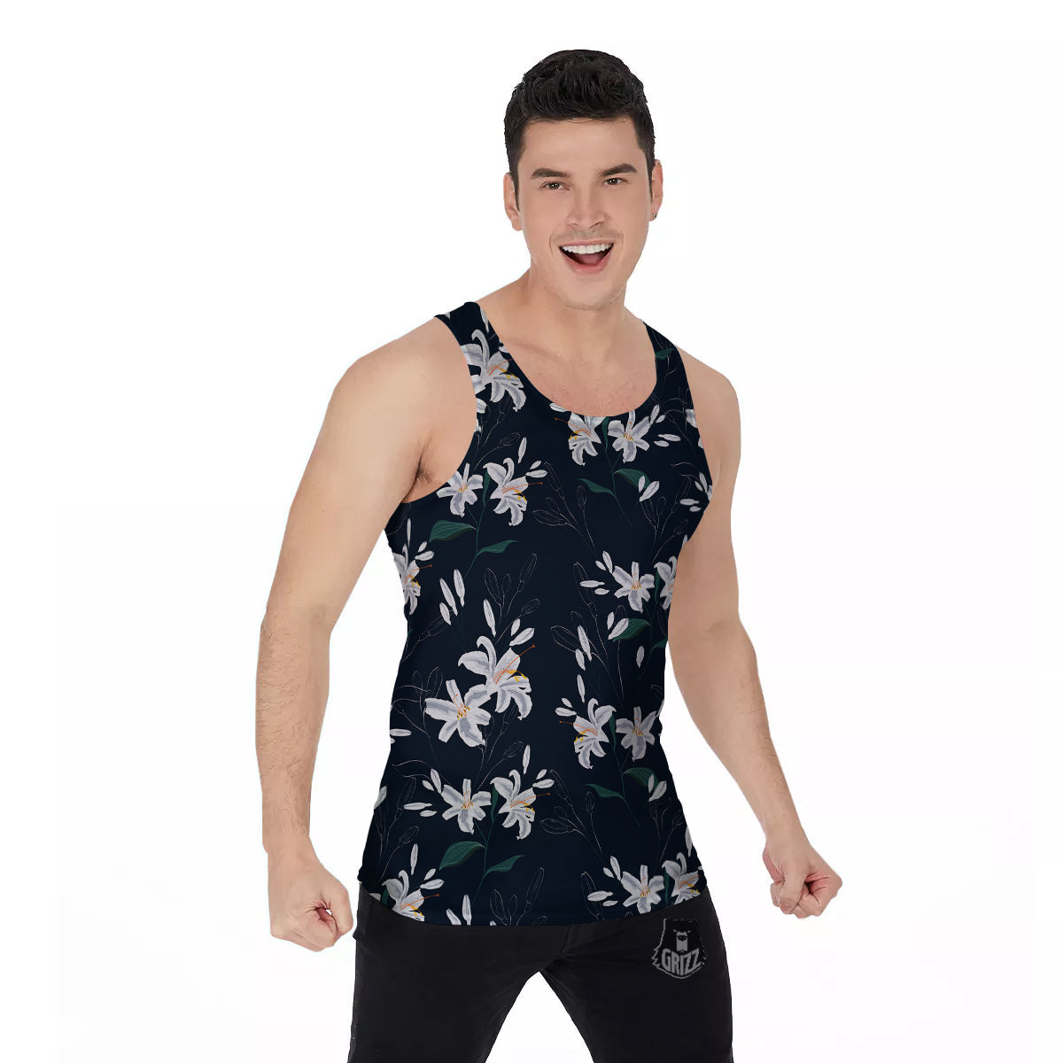 White Lily Black Print Pattern Men's Tank Top-grizzshop
