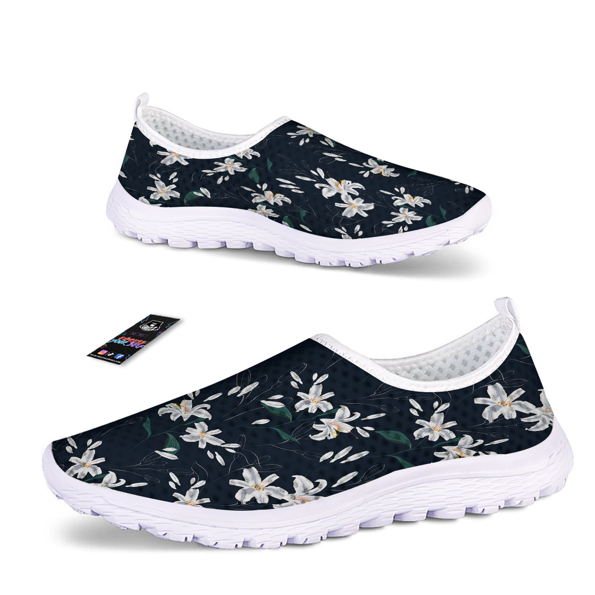 White Lily Black Print Pattern Nurse Shoes-grizzshop