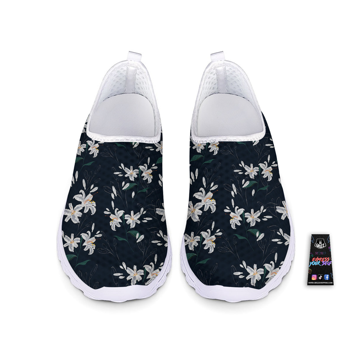 White Lily Black Print Pattern Nurse Shoes-grizzshop
