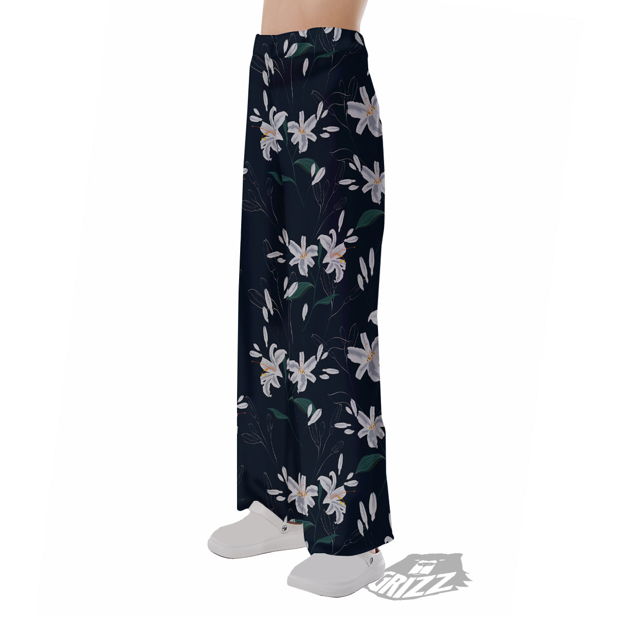 White Lily Black Print Pattern Pajama Pants-grizzshop