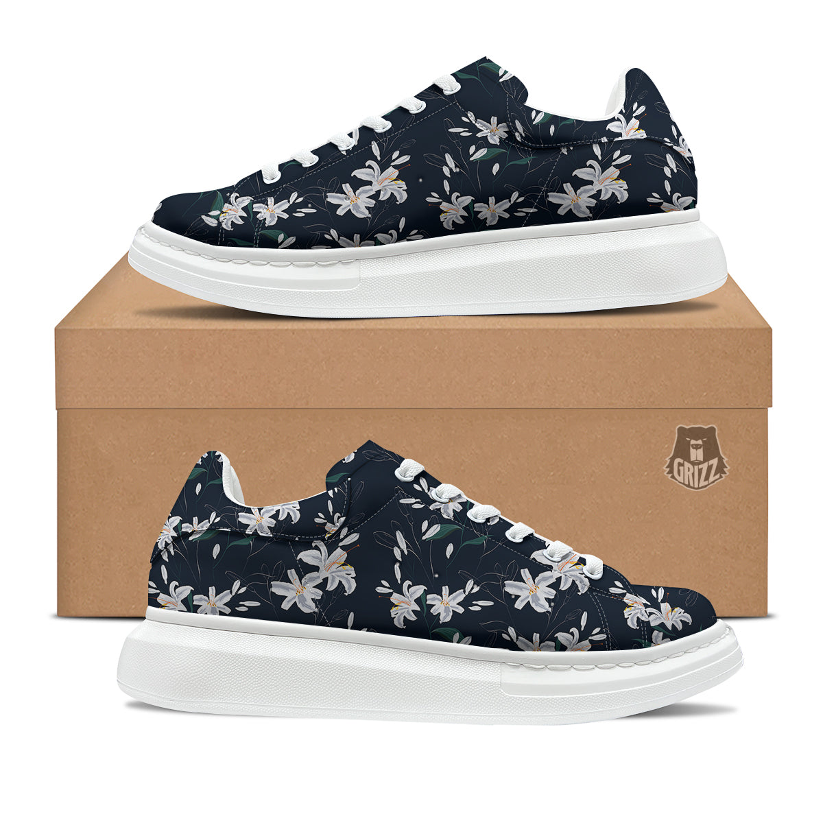 White Lily Black Print Pattern Platform Shoes-grizzshop