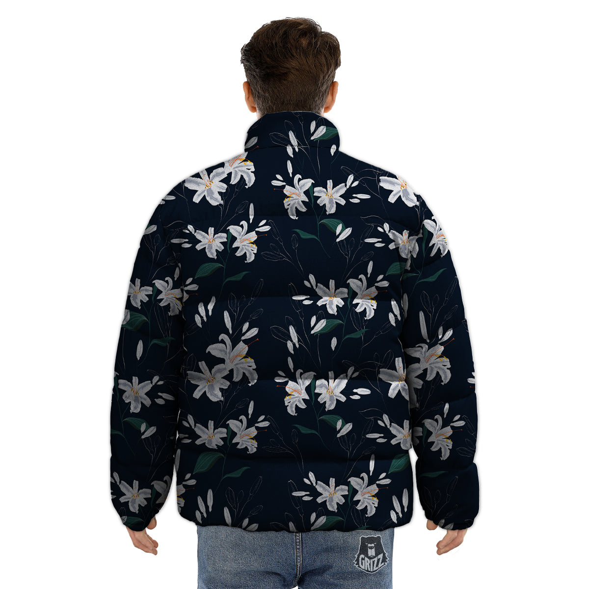 White Lily Black Print Pattern Puffer Jacket-grizzshop
