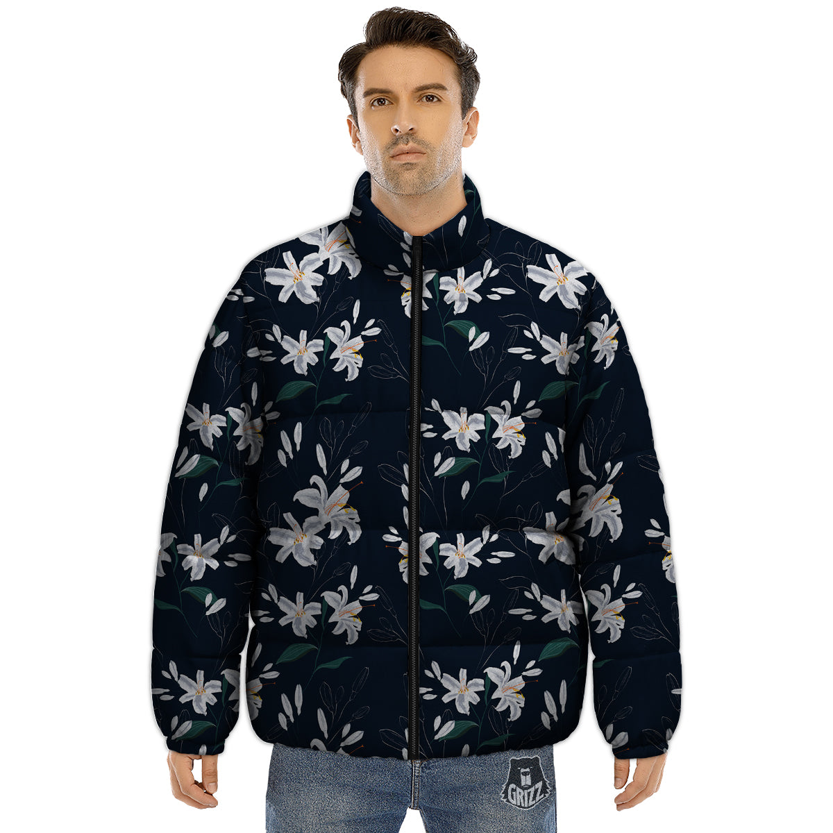 White Lily Black Print Pattern Puffer Jacket-grizzshop