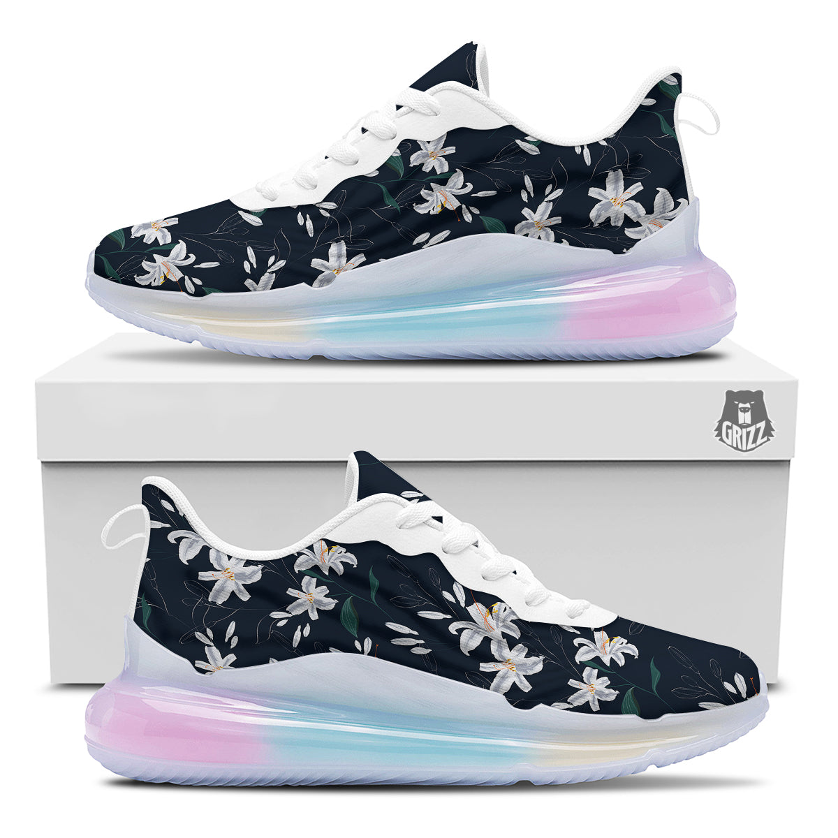 White Lily Black Print Pattern Running Sneakers-grizzshop