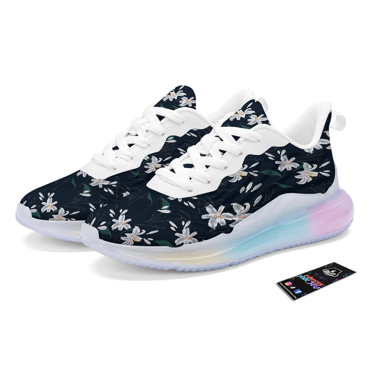 White Lily Black Print Pattern Running Sneakers-grizzshop