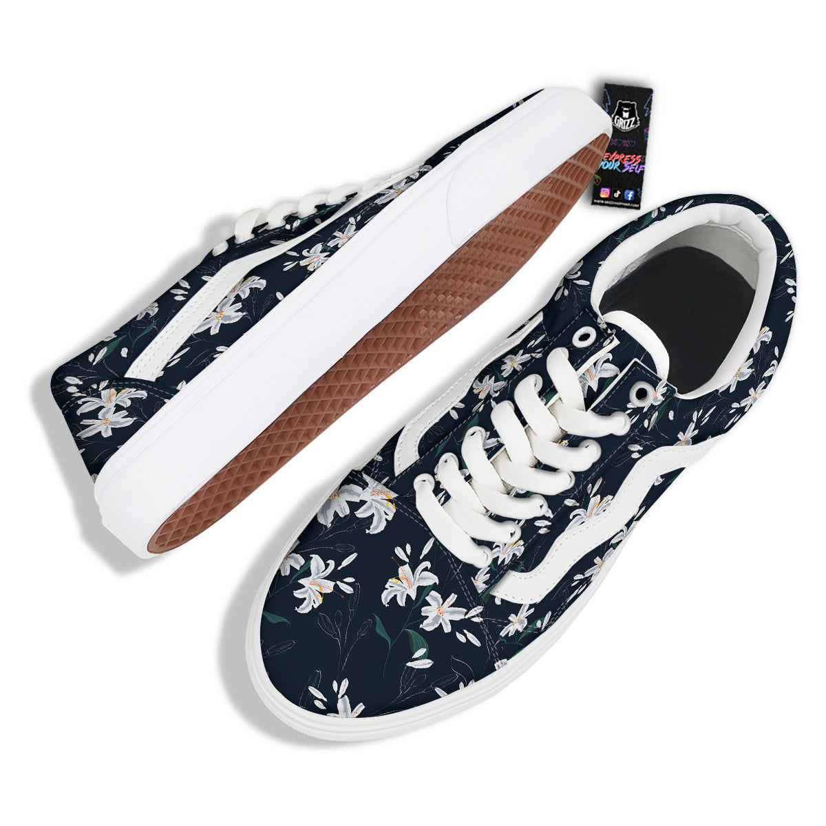 White Lily Black Print Pattern Skate Shoes-grizzshop