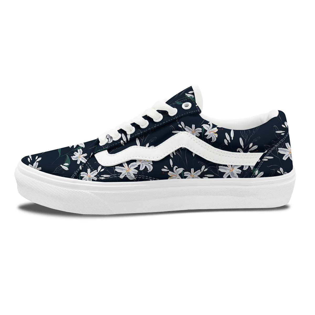 White Lily Black Print Pattern Skate Shoes-grizzshop