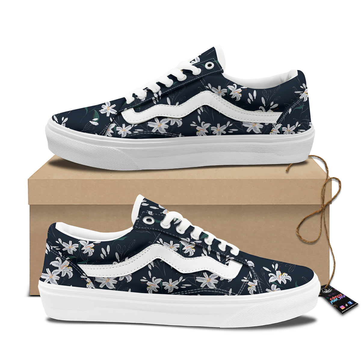 White Lily Black Print Pattern Skate Shoes-grizzshop