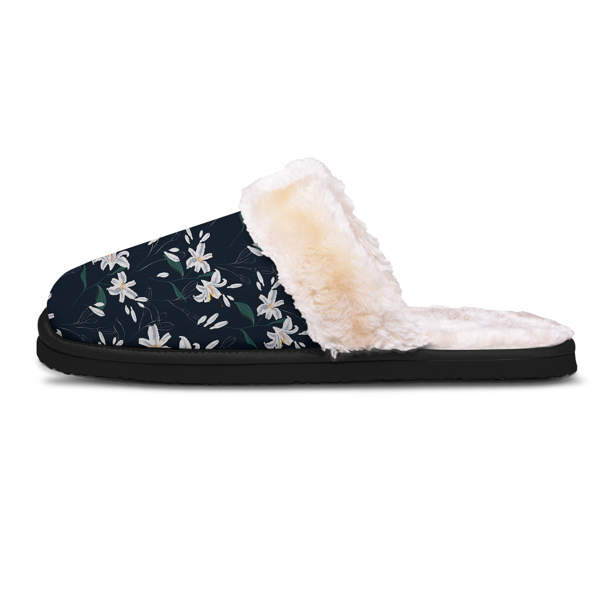 White Lily Black Print Pattern Slippers-grizzshop