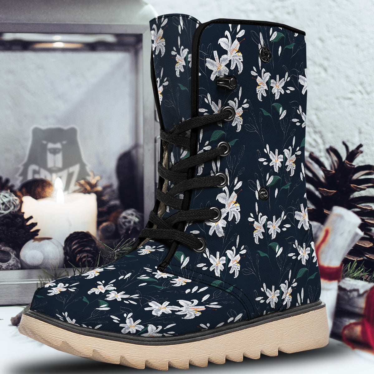 White Lily Black Print Pattern Snow Boots-grizzshop