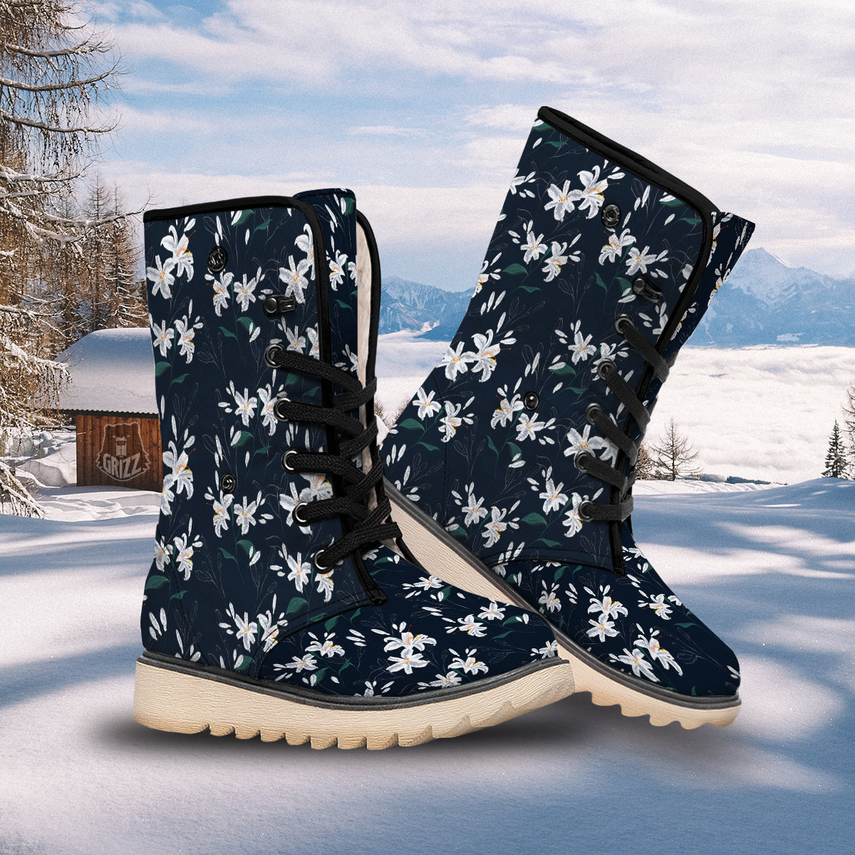 White Lily Black Print Pattern Snow Boots-grizzshop