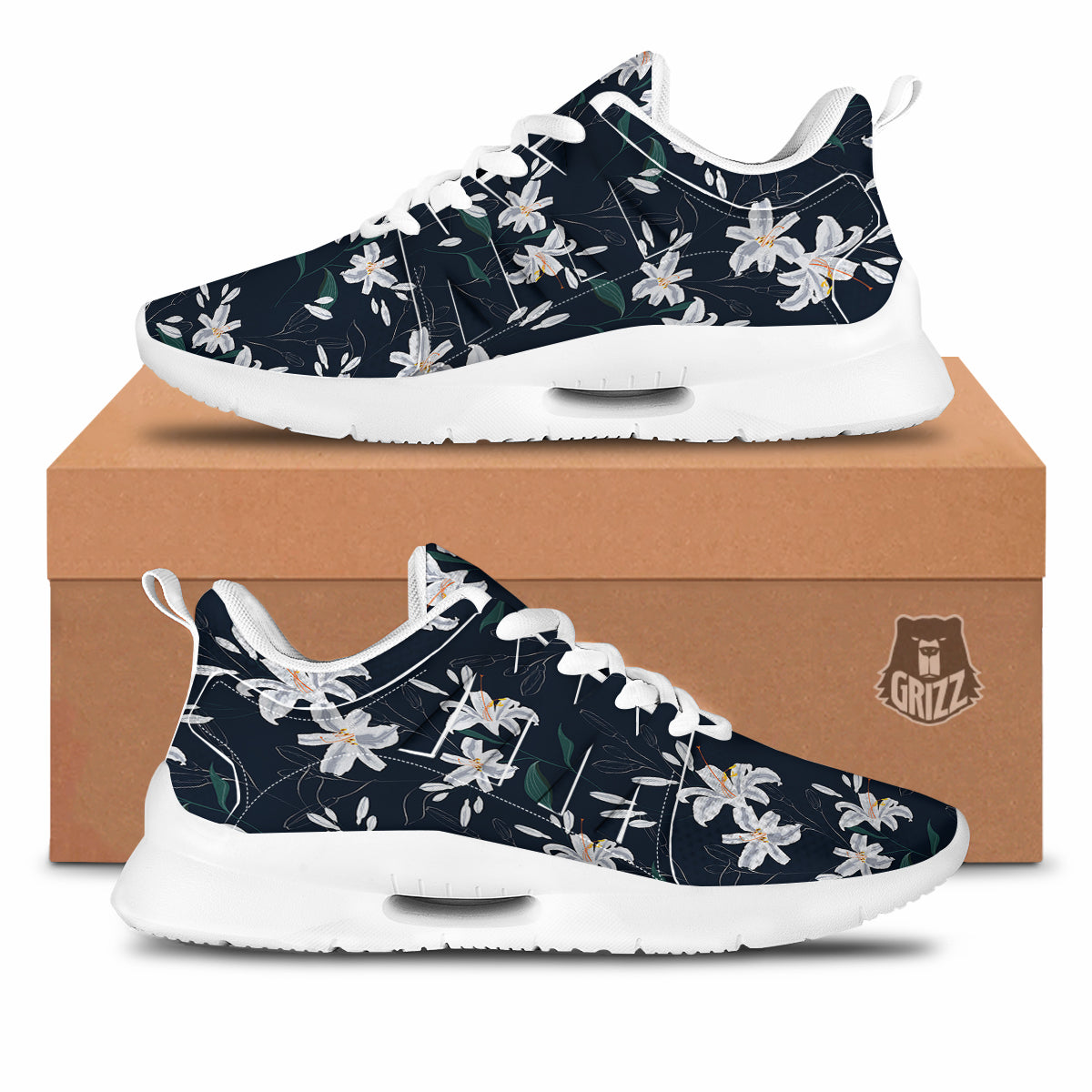 White Lily Black Print Pattern Tennis Shoes-grizzshop