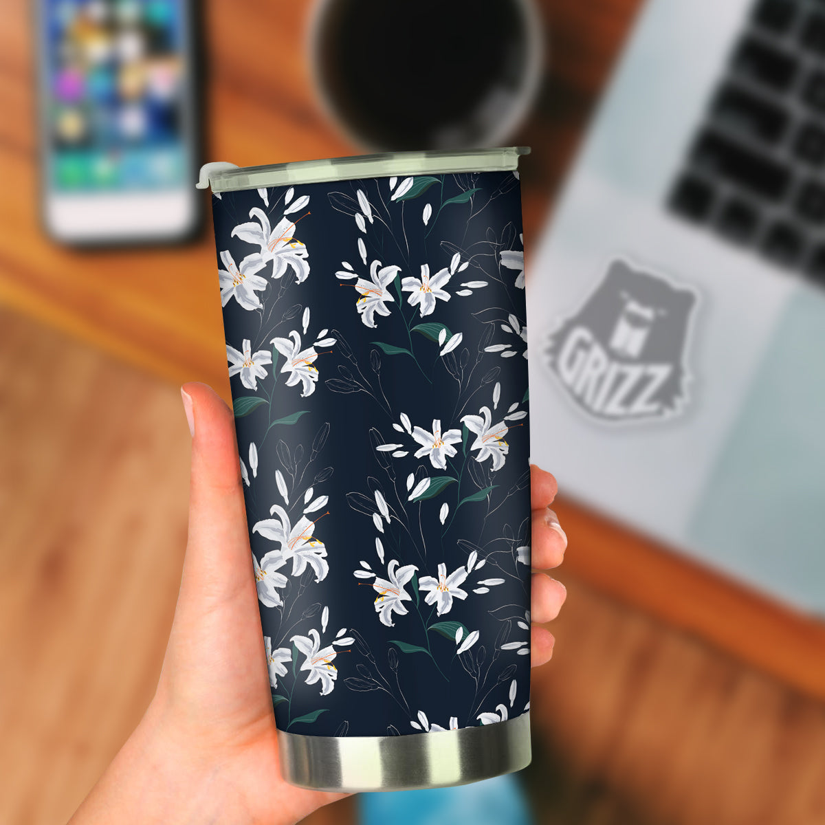 White Lily Black Print Pattern Tumbler-grizzshop