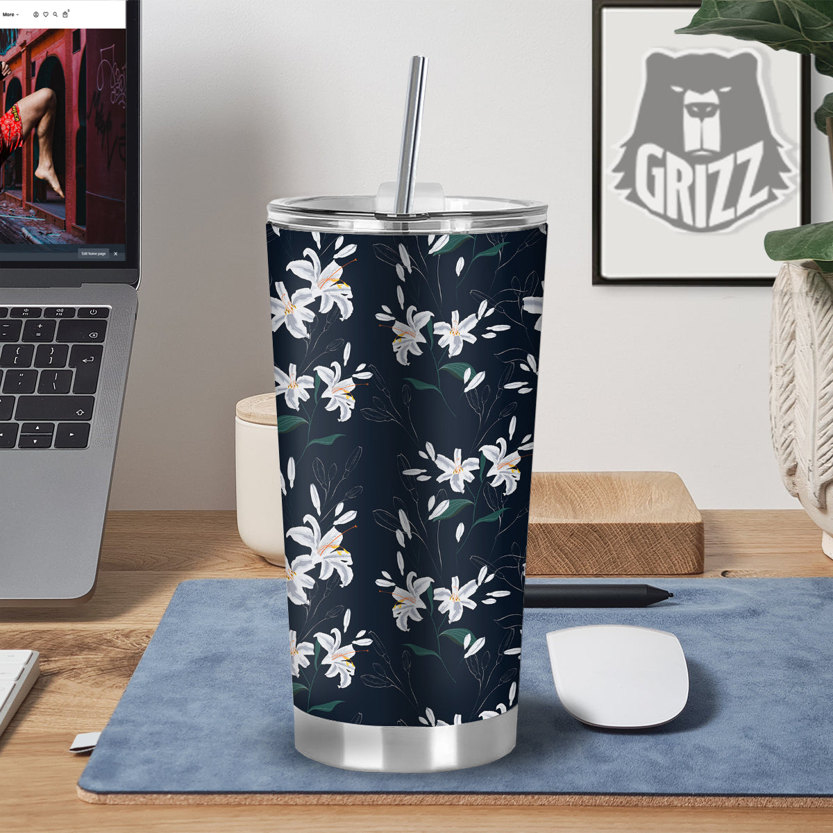 White Lily Black Print Pattern Tumbler-grizzshop