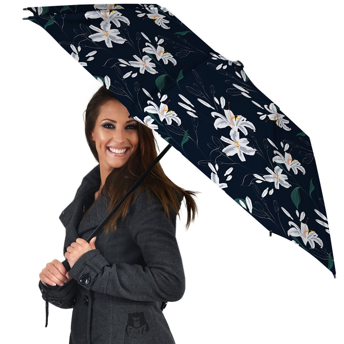 White Lily Black Print Pattern Umbrella-grizzshop
