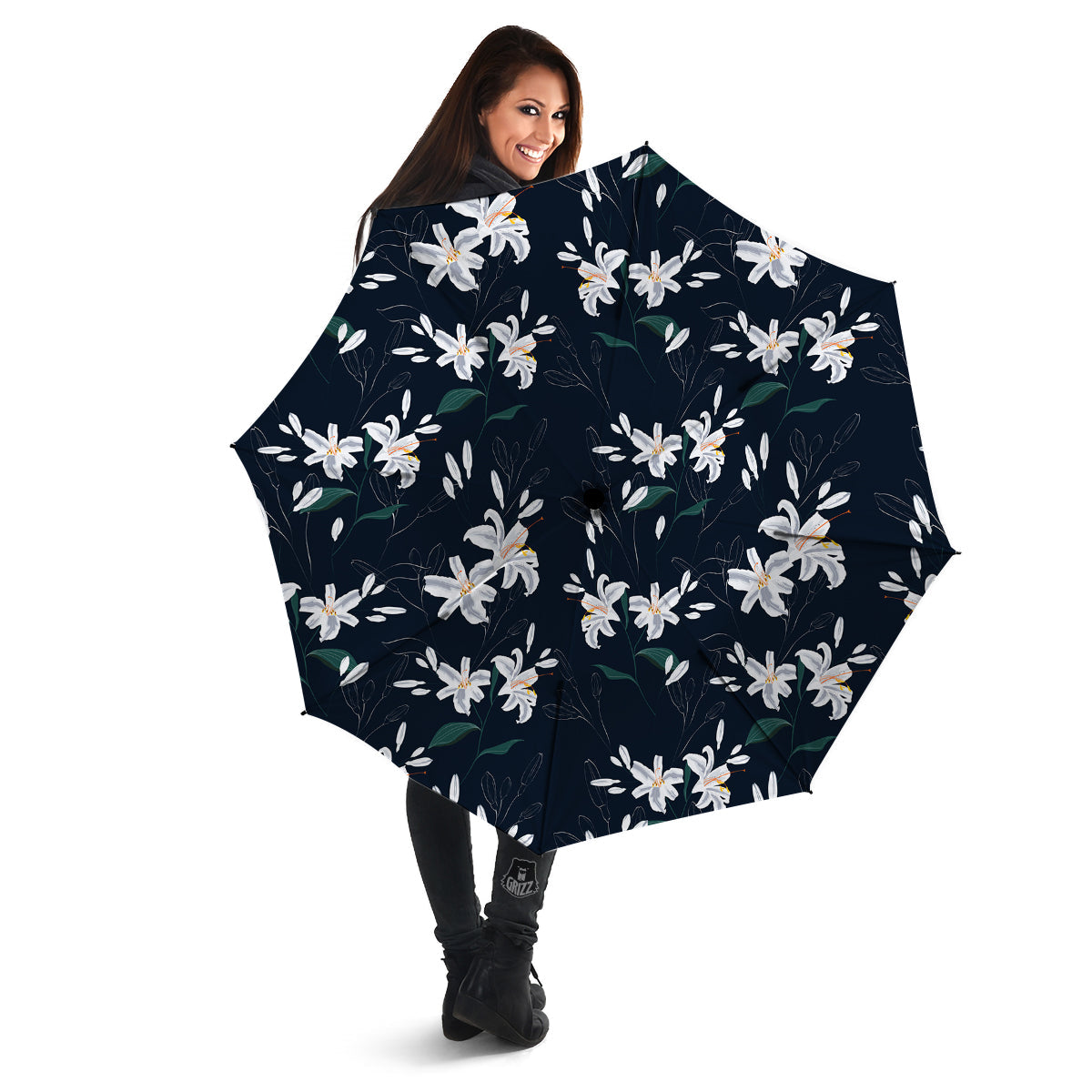 White Lily Black Print Pattern Umbrella-grizzshop