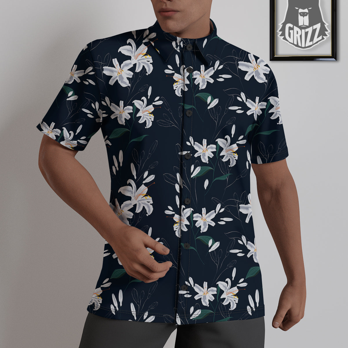 White Lily Black Print Pattern Untucked Shirts-grizzshop