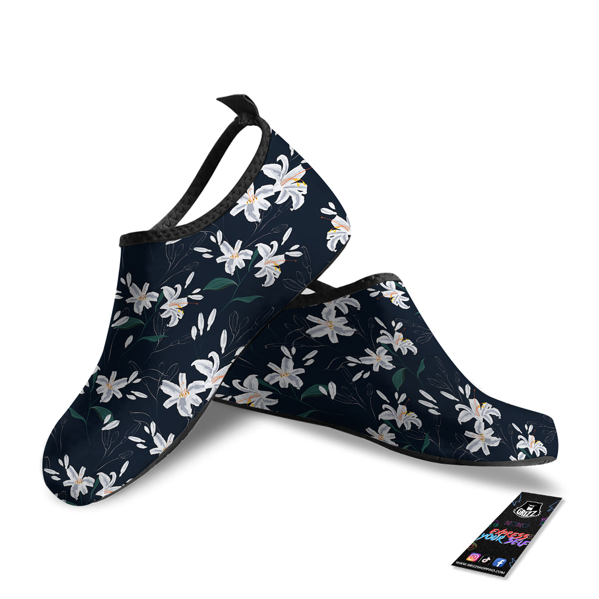 White Lily Black Print Pattern Water Shoes-grizzshop
