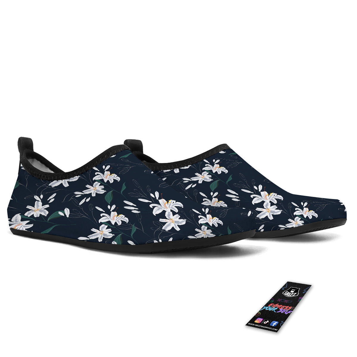 White Lily Black Print Pattern Water Shoes-grizzshop