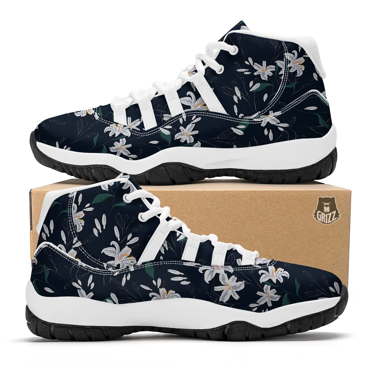 White Lily Black Print Pattern White Bball Shoes-grizzshop