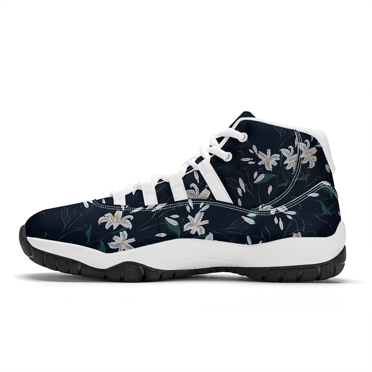 White Lily Black Print Pattern White Bball Shoes-grizzshop