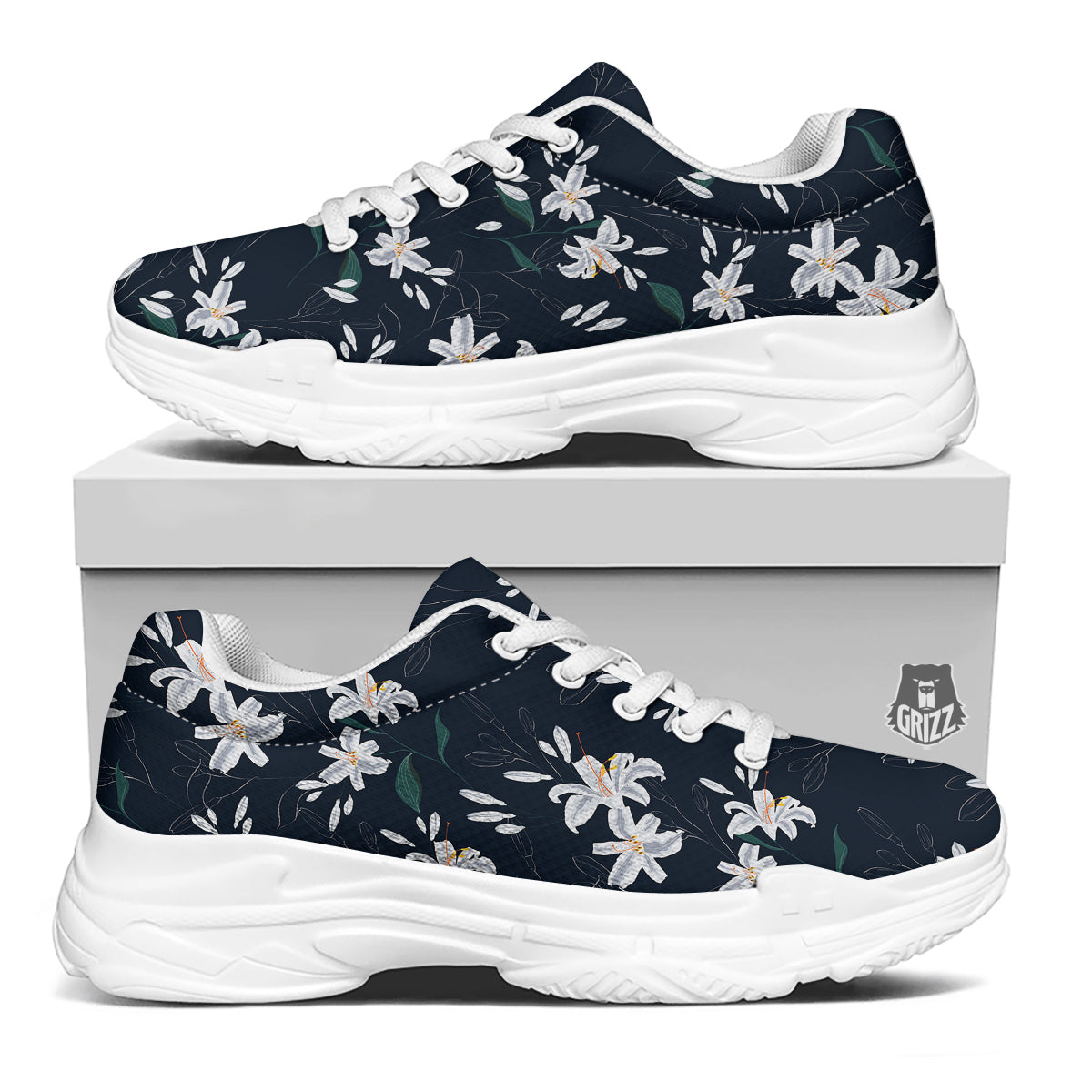 White Lily Black Print Pattern White Chunky Shoes-grizzshop