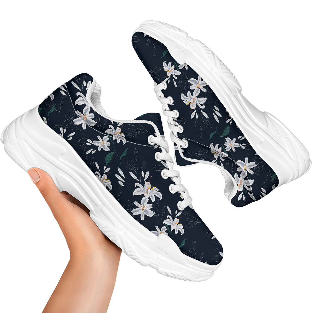 White Lily Black Print Pattern White Chunky Shoes-grizzshop