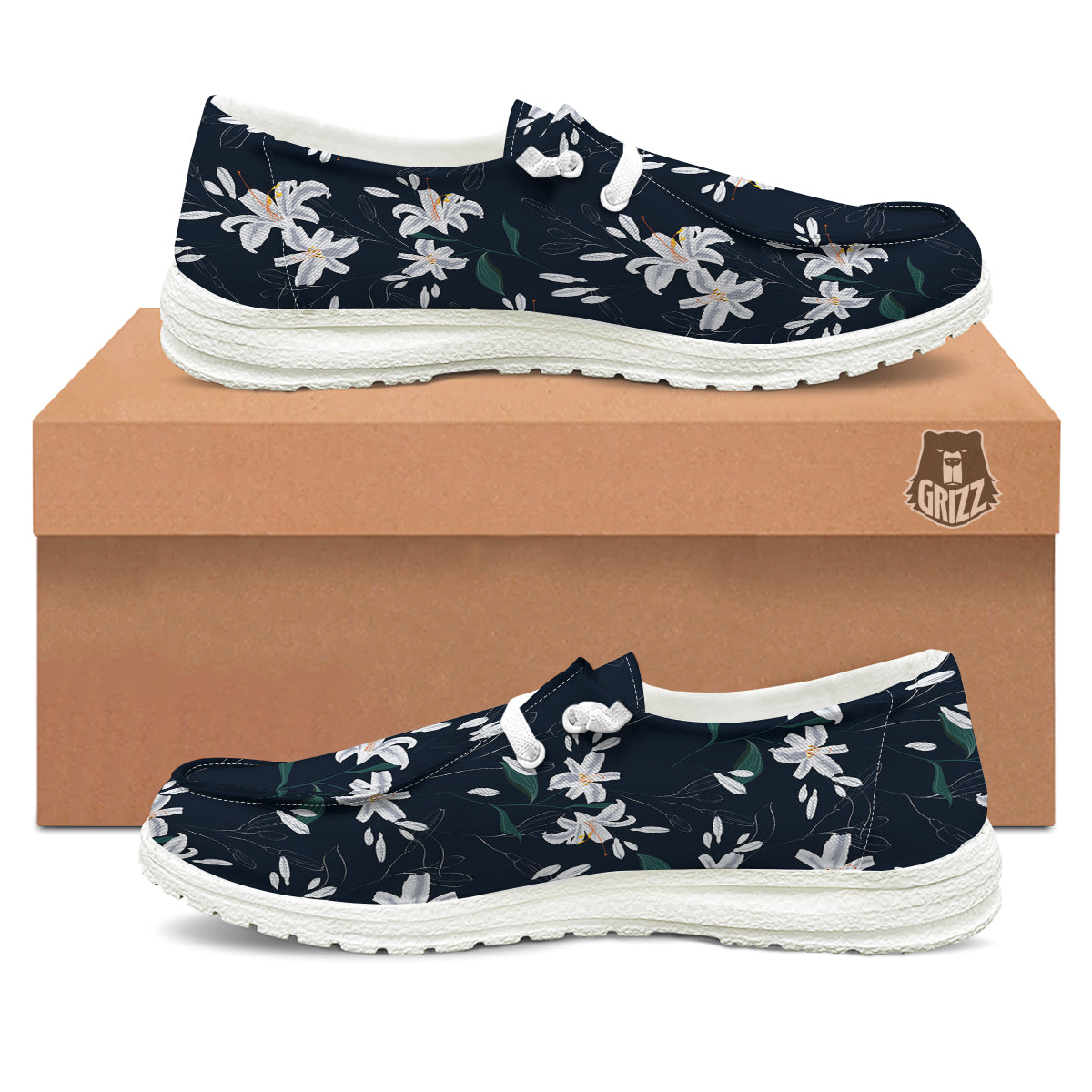 White Lily Black Print Pattern White Loafers-grizzshop