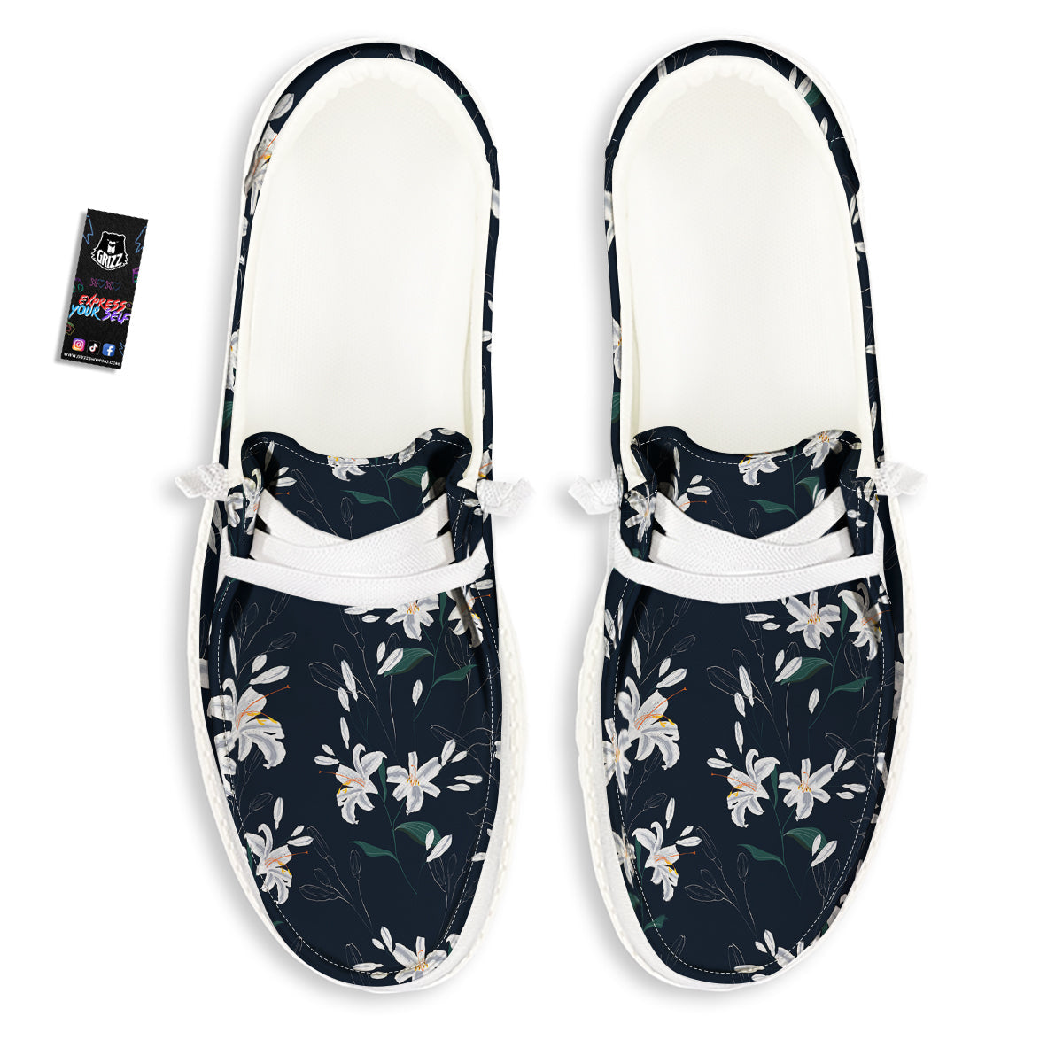 White Lily Black Print Pattern White Loafers-grizzshop