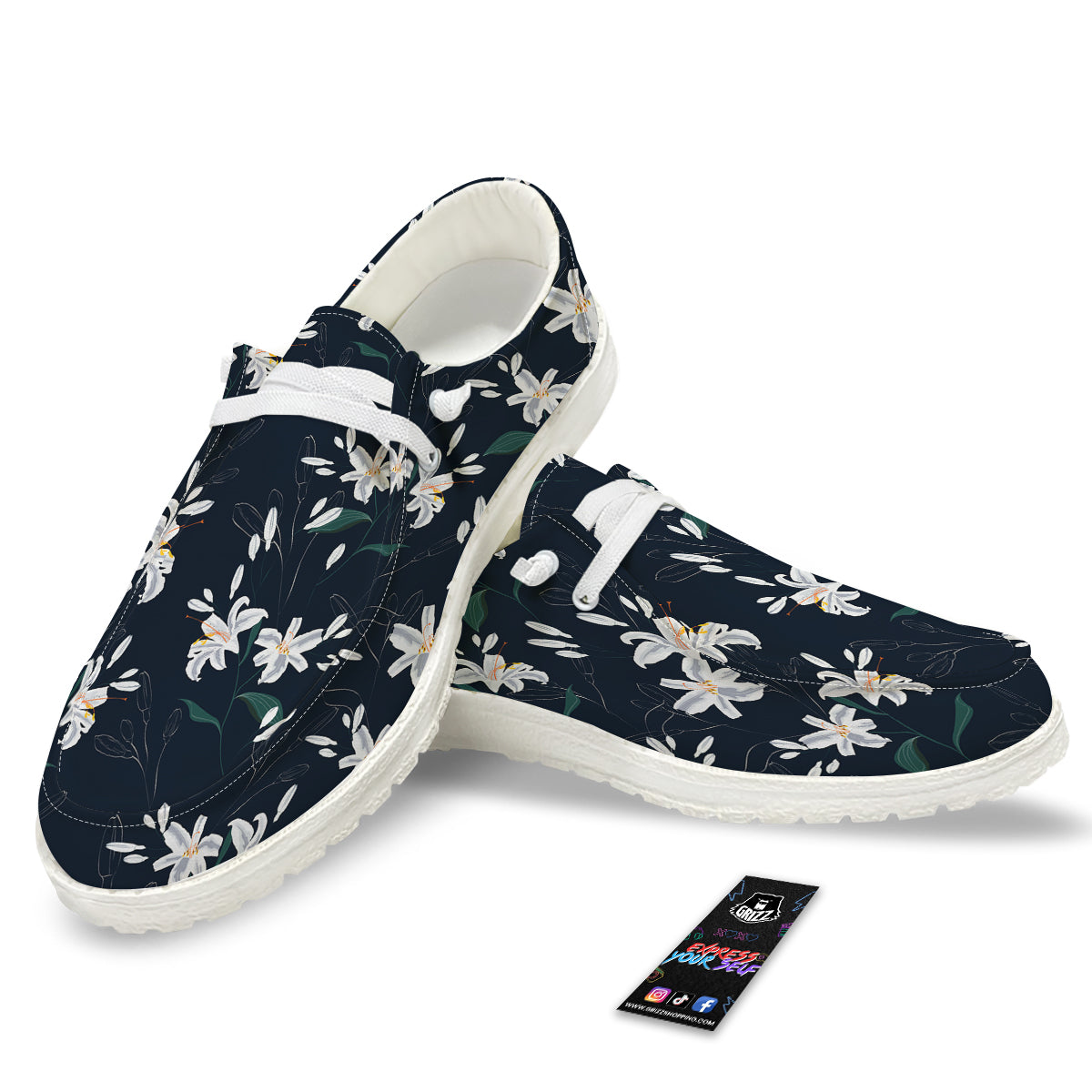 White Lily Black Print Pattern White Loafers-grizzshop