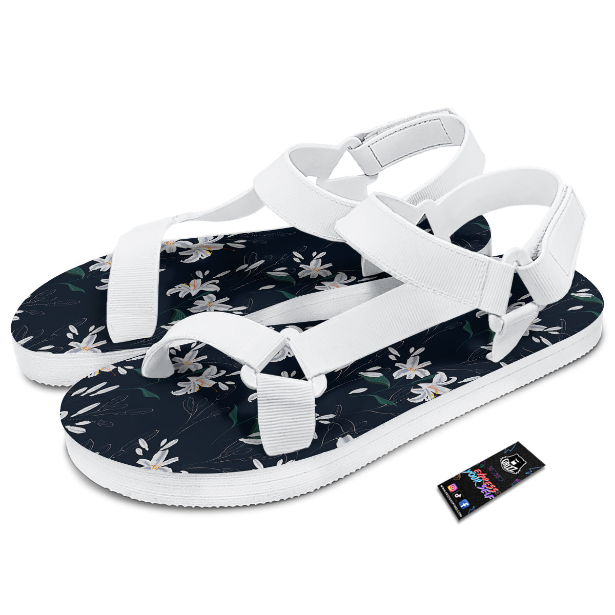 White Lily Black Print Pattern White Open Toe Sandals-grizzshop