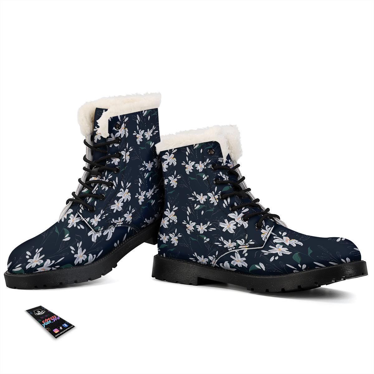 White Lily Black Print Pattern Winter Boots-grizzshop