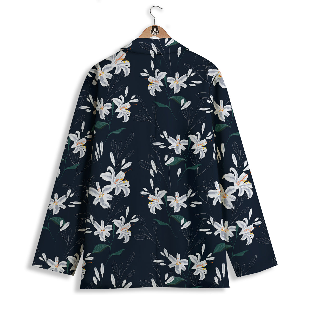 White Lily Black Print Pattern Women's Blazer-grizzshop