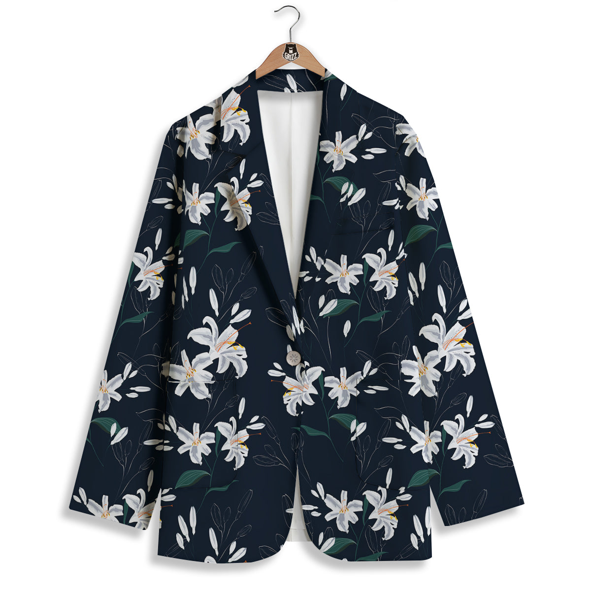White Lily Black Print Pattern Women's Blazer-grizzshop