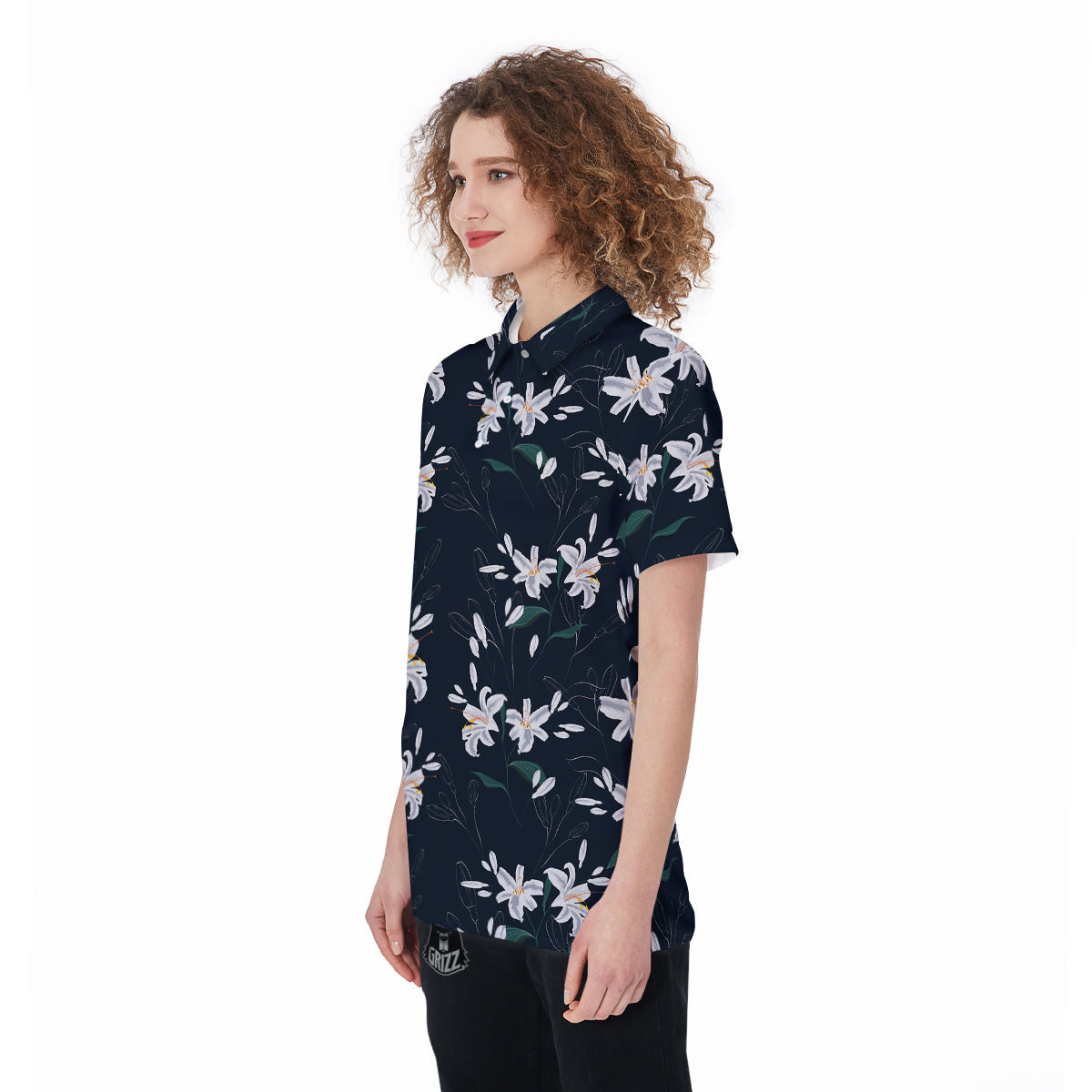 White Lily Black Print Pattern Women's Golf Shirts-grizzshop