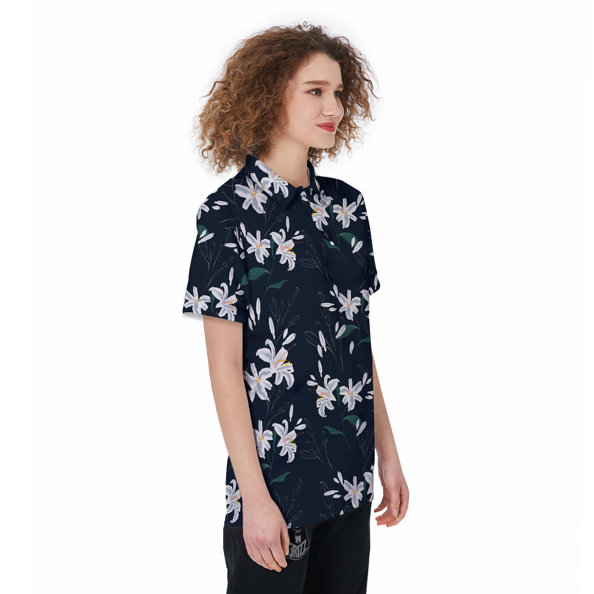 White Lily Black Print Pattern Women's Golf Shirts-grizzshop